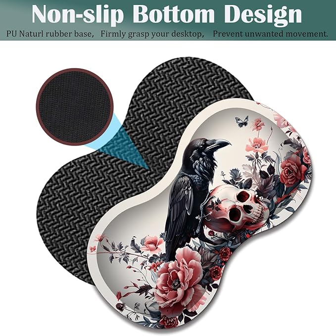 Large Game Mouse Pad + Wrist Support Pad + Coffee Coaster Desk Pad with Sewn Edges Anti-Slip Set pad Suitable for Office Work and Home - Rose Skull
