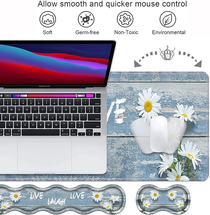 Ergonomic Keyboard Wrist Rest and Mouse Pad Wrist Rest SetDreamy Daisy Vintage Wood Board Live Laugh Love Large XXL Gaming Desk Mat 31.5x 11.8Non-Slip Base Memory FoamEasy Typing Pain Relief
