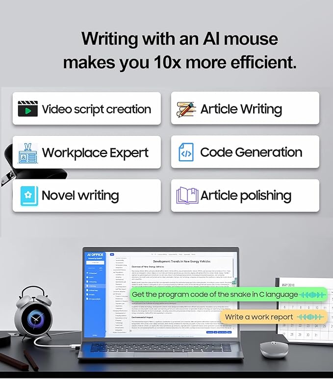 AI Wireless Mouse for Laptop PC- Enabled Bluetooth Mouse with Voice Recording &amp AI SummarizeErgonomic Presenter Laser Pointer RemoteUSB Rechargeable High-Performance Office Device