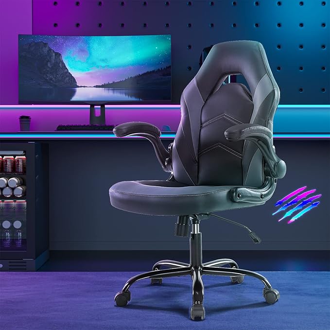 Yapamar Gaming ChairPU Leather Ergonomic Office Chair Swivel Computer Gaming Chair with Lumbar Support - Grey