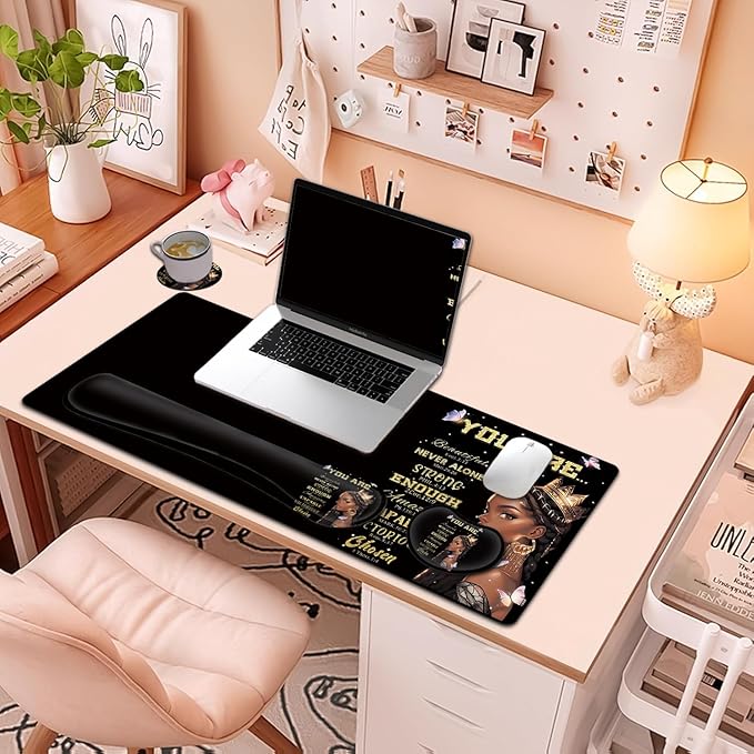 Large Mouse Pad + Keyboard Wrist Rest Set Extended Gaming Mousepad (31.5X11.8 inch) Ergonomics Memory Foam Mouse Wrist Rest Support African Americans Women with Butterflies Black XXL Desk Pad
