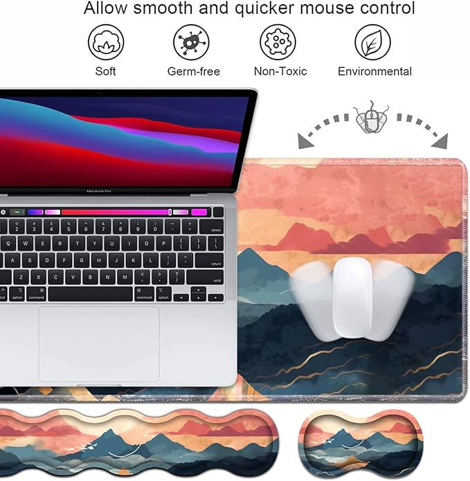 Ergonomic Keyboard Wrist Rest and Mouse Pad Wrist Rest Set Large XXL Gaming Mousepad 31.5x 11.8 Memory Foam Easy Typing Pain Relief Multifunctional Desk Mat for Office &amp Home Mountain Sunri