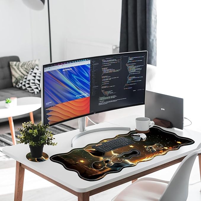 Large Gaming Mouse Pad Keyboard Wrist Rest Pad &amp Wrist Support Mousepad Set Stitched Edge Extended Non-Slip Base Memory Foam Desk Mat for Office HomeCute Kitten