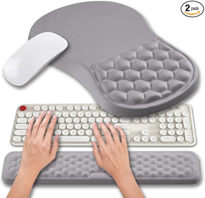 Hokafenle 2 In 1 Ergonomic Mouse Pad Wrist Support &amp Wrist Rest For Computer Keyboard Set with Relieve Carpal Tunnel Pain Massage Bulge and Full Memory Gel Design (2In1 SetNeutral Gray Light Pur