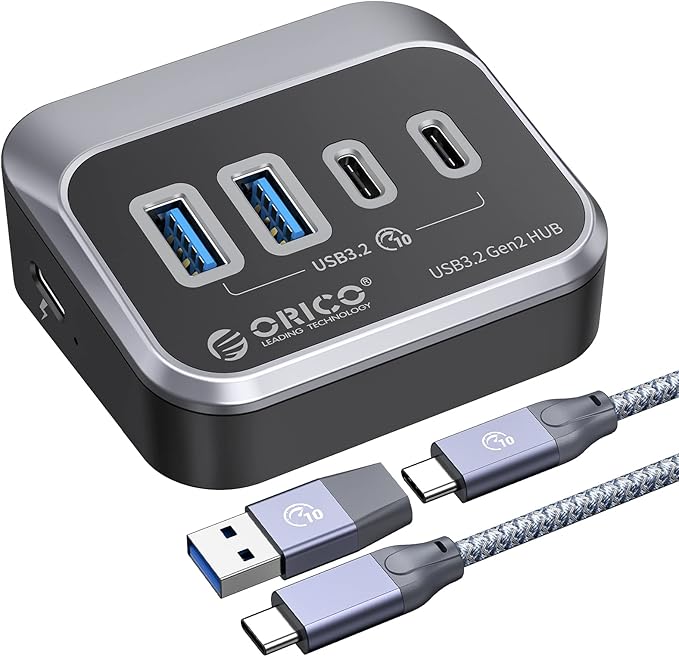 ORICO USB Hub 10Gbps with 2 USB A Ports+2 USB C Ports USB 3.2 Gen 2 Hub with 1.64Ft USB-C Cable and USB-A Adapter USB Splitter for iMac MacBooks Mac mini