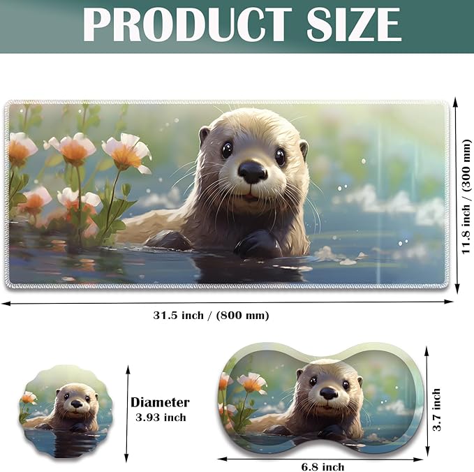 Large Game Mouse Pad + Wrist Support Pad + Coffee Coaster Desk Pad with Sewn Edges Anti-Slip Set pad Suitable for Office Work and Home - Cute Otter
