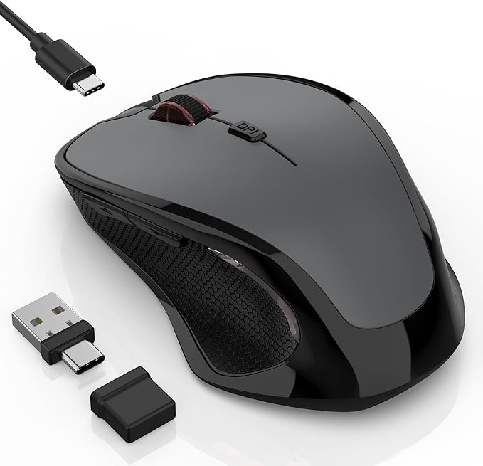 Bluetooth Wireless Laptop Mouse for MacBook Air Pro iPad Mac Ergonomic Rechargeable Mouse with Jiggler Mode 2 Mode Bluetooth &amp 2.4G USB-A/USB-C Receiver Silent Optical Computer Mice Grey