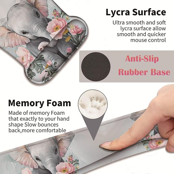 3 in 1 Keyboard Wrist Rest + Mouse Pad and Coaster Ergonomic Gel Mouse Pad and Keyboard Pad Set Comfortable Lightweight for Easy Typing Pain Relie Little Elephant Flower