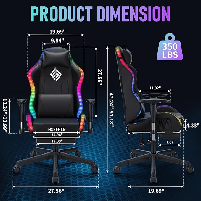 HOFFREE RGB LED Gaming Chair for Kids Reclining Gaming Chairs for Teens 8-15 Computer Chair with RGB Lights Kids PC Game Chair with Footrest and Lumbar Support Video Game Chairs Black