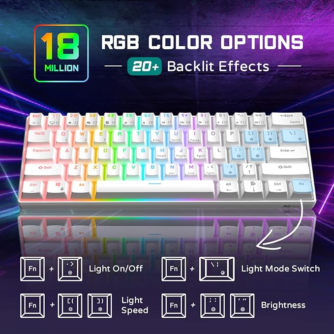 RK ROYAL KLUDGE RK61 60% Gaming Keyboard Wired RGB Mechanical Keyboard with No-Conflict 61 Keys Hot Swappable PC Game Keyboards for Windows Mac Quiet Red Switch-White