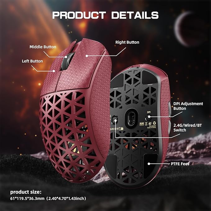 MAMBASNAKE M5 Ultra Carbon Fiber 8KHz Wireless Gaming MousePAW3950MAX Sensor 42K DPI39g Superlight Tri-Mode 2.4GHz/BT/Wired Computer MiceWeb Driver Supportfor Win/Mac/FPS/MOBA/Esports-Red (B)