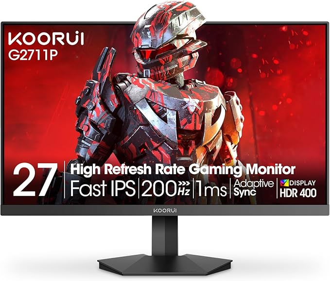 KOORUI 27 Inch Gaming Monitor 200Hz FHD (1920x1080) HDR400 1ms Fast IPS 90% DCI-P3 Adaptive-Sync HDMI 2.0 DP 1.4 VESA Mount Tilt Adjustable G2711P