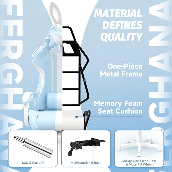 Ferghana Kawaii Bunny Ears Gaming Chair Cute Gamer Chair with Footrest and Massage Leather Ergonomic Computer Game Chairs for Girls Adults Teens Kids Light Blue