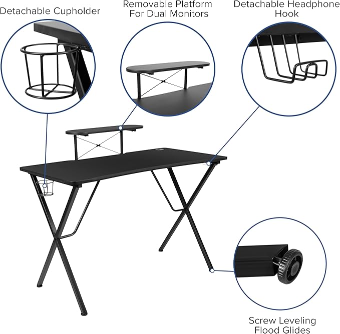 EMMA + OLIVER Gaming Bundle-Cup/Headphone Desk &amp Red Reclining Footrest Chair
