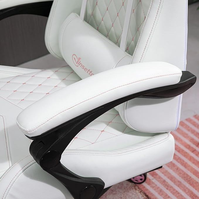 White Racing Gaming Chair Diamond with Footrest Headrest and Lumbar Support PU Leather Office Gamer Chair High Back Swivel Recliner Adjustable Height for Office or Gaming
