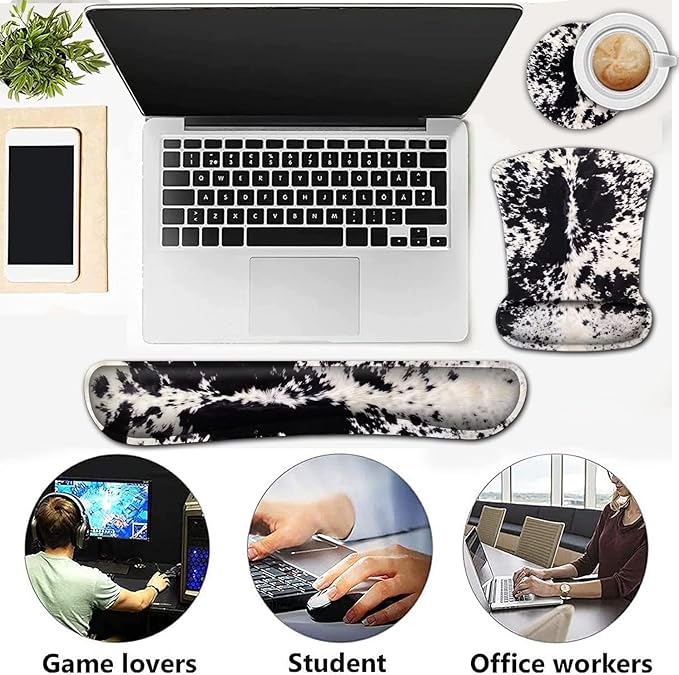 Ergonomic Mouse Pad Wrist Support and Memory Foam Keyboard Wrist Rest SetGel Mouse Mat with Non-Slip PU BaseKeyboard Palm Rest for Home Office Wireless Gaming Mouse Pad Black White Cowhide Fur