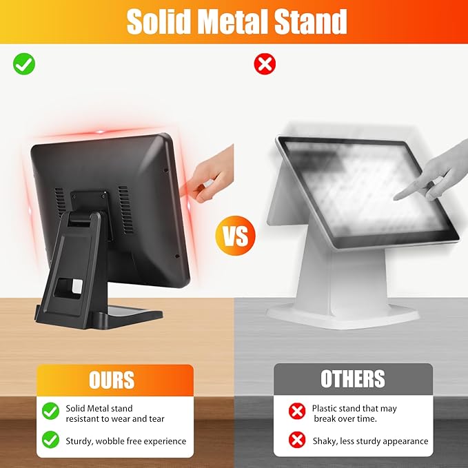 ANGEL POS 15-Inch 4:3 Capacitive LED Backlit Multi-Touch Monitor True Flat Seamless Design Touchscreen with Metal POS Stand for Office POS Retail Restaurant Bar Gym Warehouse