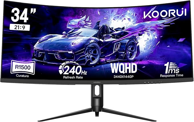 KOORUI 34 inch 240Hz Ultrawide Curved Gaming Monitor 3440x1440P 21:9 Display 1500R Curvature. 1MS PIP/PBP Support Adaptive Sync DP HDMI PS5Vesa