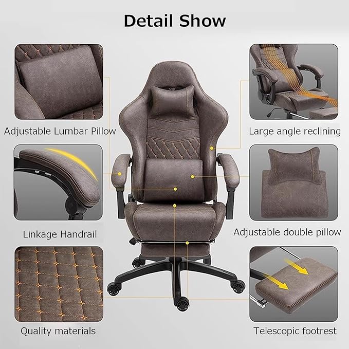 Gaming Chair Swivel Seat Headrest and Lumbar Pillow Adjustable Backrest Office Chair Ergonomic Lumbar Support Mute Pulley(BrownWithout)