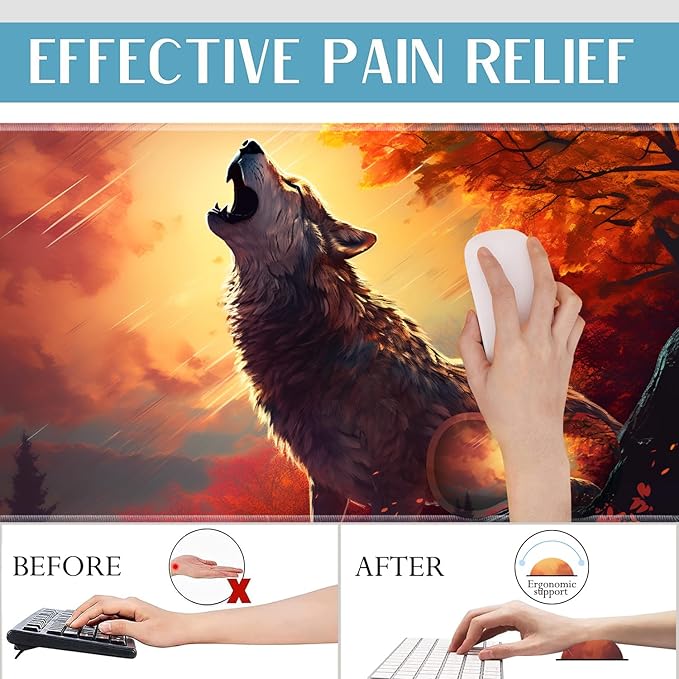 Mouse Pad Set Large Gaming Mouse Pad (31.5X 11.8 inches)+ Wrist Rest Pad + Coaster Ergonomic Wrist pad Home Office Desk Accessories Decor Supplies Wolf Howling Under The Moon