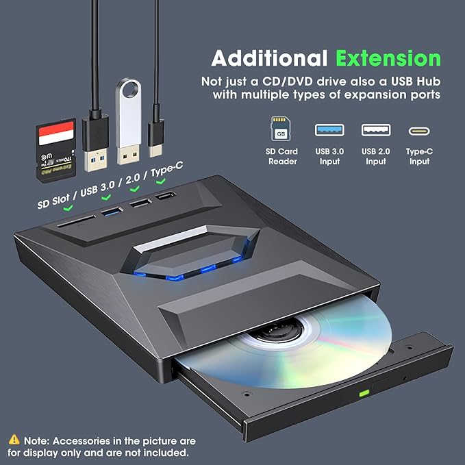 ROOFULL External CD DVD Drive with USB 3.0 Type-C Ports + SD Card Slot + Carrying Case for Laptop PC CD DVD +/-RW Reader Writer Burner Player ROM Optical Disk Drive for Windows Mac Linux Computers