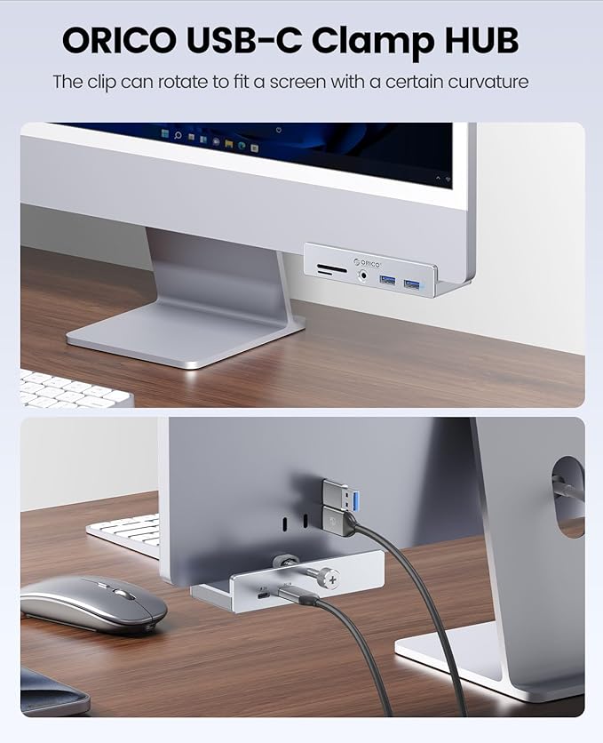 ORICO USB Hub 3.0 Clamp USB Hub with Extra Power Port Aluminum USB C Adapter with 2 USB-A Data Ports3.5mm AUX SD/TF Card Reader for Desktop(Silver)