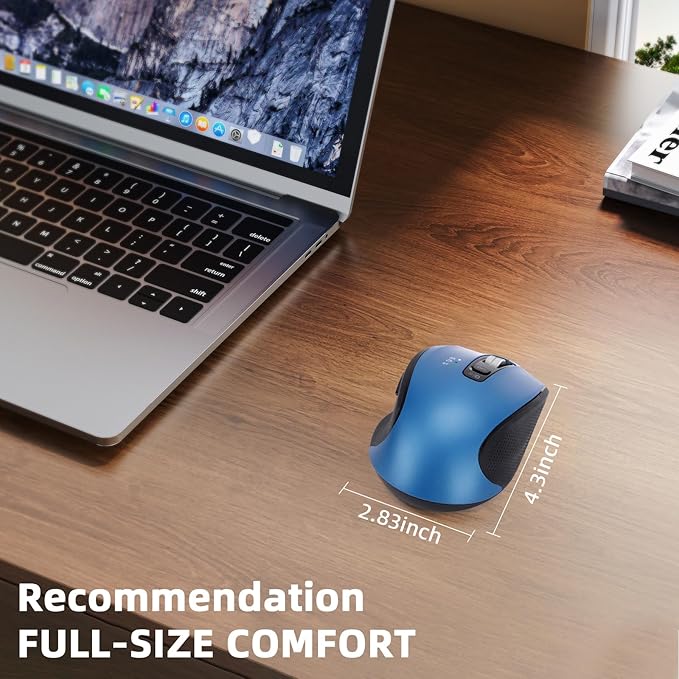 Wireless Mouse with Bluetooth USB A USB C Receiver Rechargeable Full Size Mouse Ergonomic Silent for MacBook/Laptop/Computer/PC/iPad-Blue