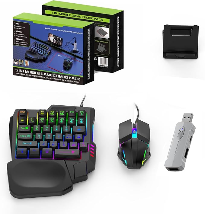 Zunate Half Hand Gaming Keyboard and Combo Half Hand Gaming Keyboard Set 4 in 1 Mobile Gaming Keyboard Set with Converter Adjustable Phone Stand for PC