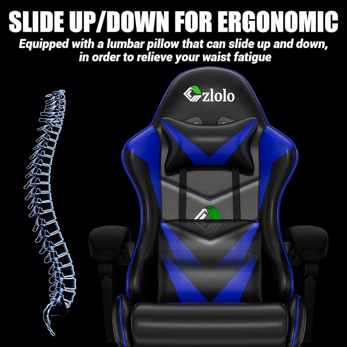 Gaming Chair with Footrest Racing Style Lumbar Support Massager Video Game Chair with Metal Legs High Back Reclining Gamer Chair with Headrest 360° Swivel Office Computer Desk Chair (Blue)