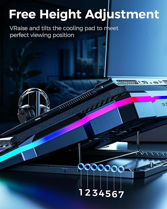 KeiBn Gaming Laptop Cooling Pad Laptop Cooler with 5.5inch Cooling Fan Rapid Cooling Fan Laptop 15.6-19.3inch Infinitely Variable Speed 7 Height Stands 2 USB Ports-K1 5V