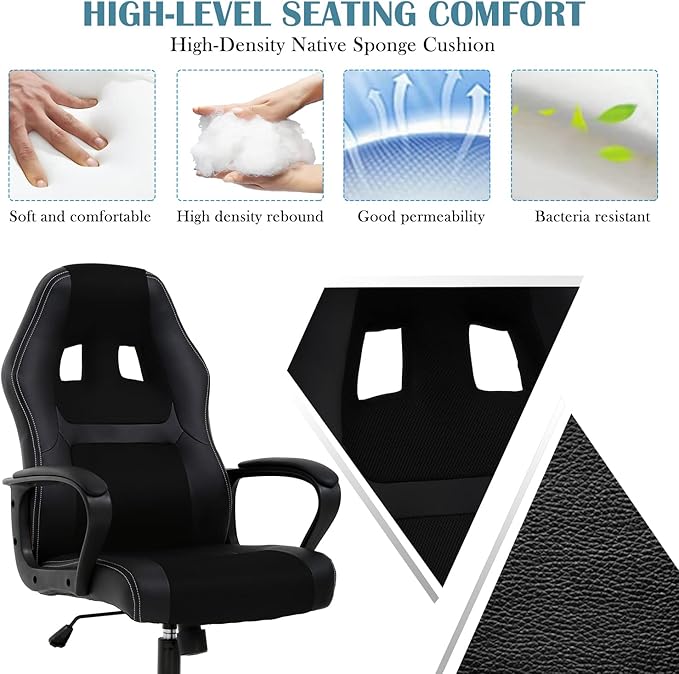 Gaming Chair Max 250LBS Office Chairs with Ergonomic Design Comfortable Office Chair PU Leather with Mesh Back Gaming Chairs with 360-Degree Swivel Gaming Chairs for Adults PC Chair Black