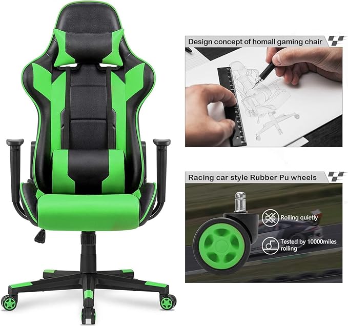 WANYE High Density Foam Gaming Chair -Cheap High Back Gaming Chair with Racing Design Synthetic Leather Green