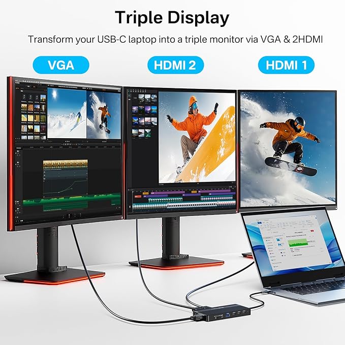 USB C Docking Station Dual HDMI Monitor Laptop Docking Station 3 Monitors 2 * 4K HDMI+1080p VGA+100W PD+Ethernet+3 USBC 10Gbps+SD/TF+Audio Adapter USB C Hub for Dell/Lenovo/HP/ThinkPad(Black)