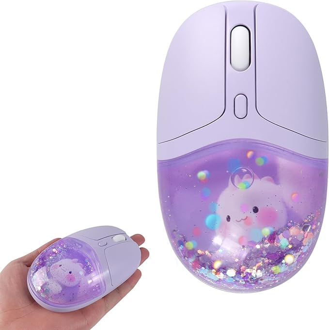 Wireless Mouse with Liquid Quicksand Sequins 2.4GHz &amp Bluetooth Dual Mode Rechargeable Silent Cute Aqua Mouse with LED Light Portable Water Mice for Laptop PC Tablet MacBook Kids Adults Gift (Purp
