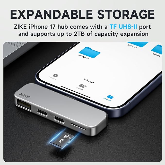 ZIKE USB-C iPhone Hub 4-in-1 Type-C Adapter for Data Transfer Micro SD/TF Card Reader USB3.2 Gen2 10Gbps*2 USB-A and PD3.0 Charging Port Hub for iPhone 17/16/15 Pro/Android/iPad/MacBook