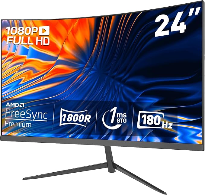 24 Inch Curved Gaming Monitor 180Hz FHD 1080P Compueter Monitor 1ms Response Time Ultra-Thin Built-in Speakers Low Latency VESA G-SYNC Compatible Perfect for Esports and Competitive Gaming