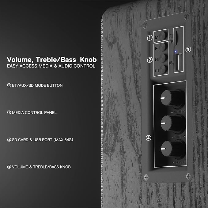 Redragon GS813 Wireless Desktop Speakers 2.0 Bookshelf Speaker w/20W Output BT 5.0/3.5mm AUX Enhanced Bass/Treble Knob and TF Card/USB Flash Drive Supported