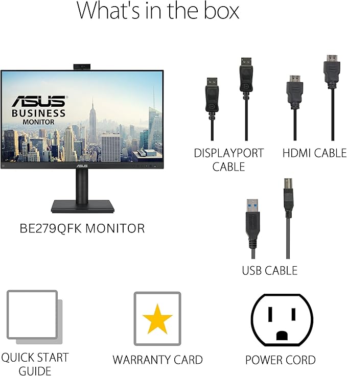 ASUS 27” 1080P Video Conferencing Monitor (BE279QFK) - Full HD IPS 100Hz Frameless Built-in Webcam Mic Array Speaker Height Adjustable Ergonomic Design Eye Care Wall Mountable 3 yr warranty