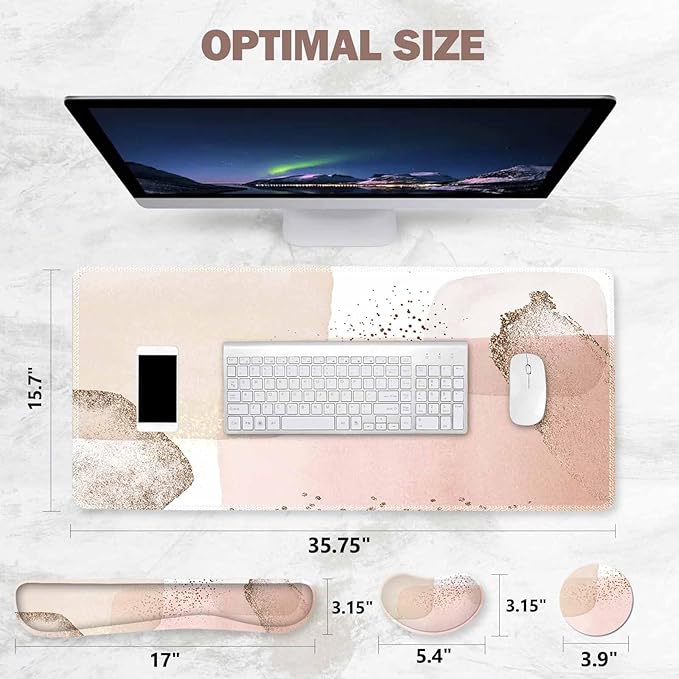 ToLuLu Extended Gaming Mouse Pad Memory Foam Ergonomic Keyboard Mouse Wrist Rest Support Set Large Desk Mat with Stitched Edges Non-Slip Base Mousepad for Home Office Game Study Pink Gold