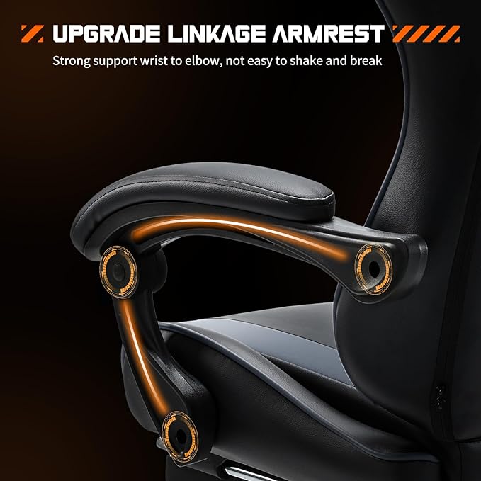 Video Game Desk Chair Ergonomic Computer with Footrest and Comfy Lumbar Support PU Leather Recliner with Headrest Fixed Up Armrest Height Adjustable with 360° Swivel for Adults Gray