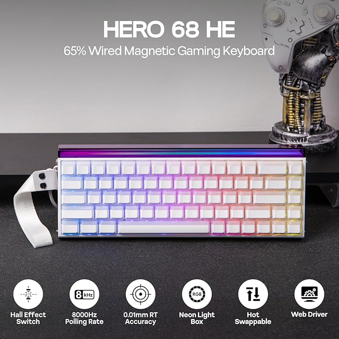 EPOMAKER Aula Hero 68 HE Wired Magnetic Gaming Keyboard 0.01mm Adjustable Actuation Rapid Hall Effect Switch 8kHz Polling 5-Layer Sound Dampening RGB Box &amp Backlight (White Lighthouse)