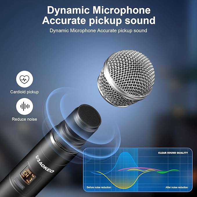 Aokeo Wireless Microphone Only for Mic Input UHF Metal Dynamic Handheld Multipurpose Mic with Rechargeable Receiver (Work 4hs) 160ft Range for Karaoke Machine Amplifier Speaker Mixer