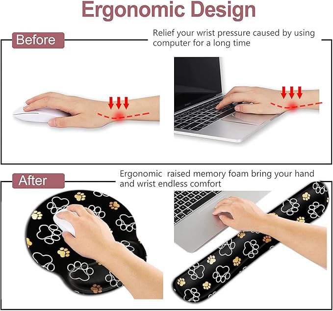 Ergonomic Mouse Pad with Wrist Support Gel Mouse Pad Non-Slip Laptop Computer Keyboard Mousepad for Office &amp Home Quality Memory Foam Keyboard Wrist Rest Dog Paw Prints Gold White Cute Cat Paws