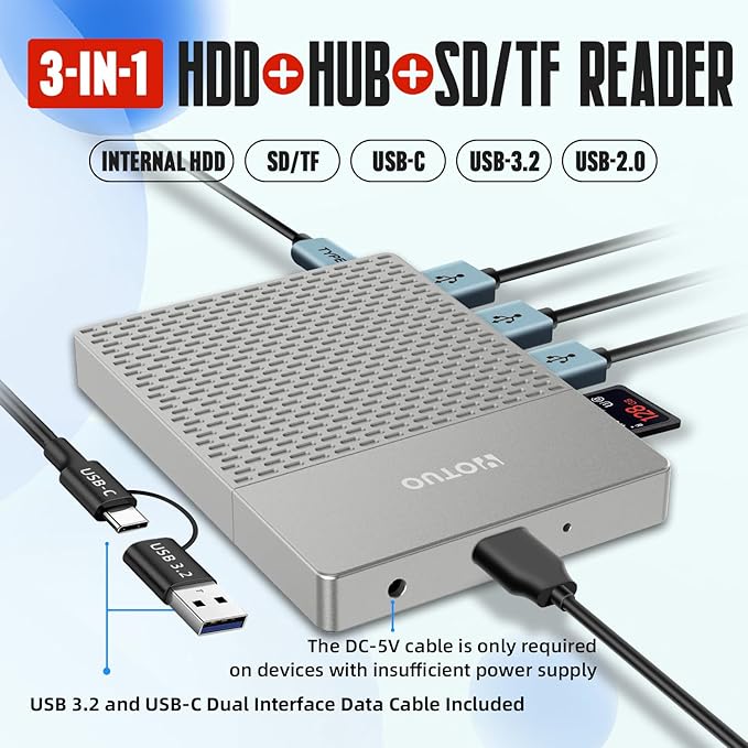 Docking Station External Hard Drive Storage USB-C Hub + HDD 7-in-1 USB 3.0 SD/TF Card HDD for Windows Mac Android TV Phone Laptop Desktop PC (Silver 1TB+Docking Station)
