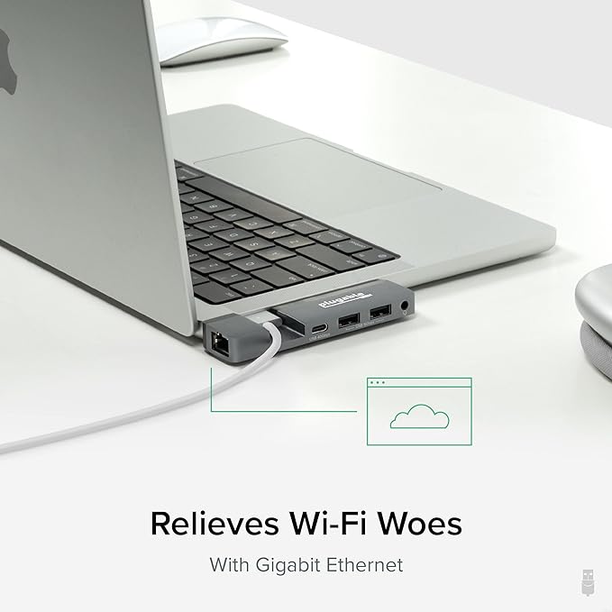 Plugable 5-in-1 USB C Hub for MacBook Pro &amp Air M1/M2/M3/M4/M5 - Thunderbolt 4 Compatible MagSafe Ready 40Gbps Data Gigabit Ethernet 2X USB 3.0 - Slim Portable Adapter with Pass-Through Charg