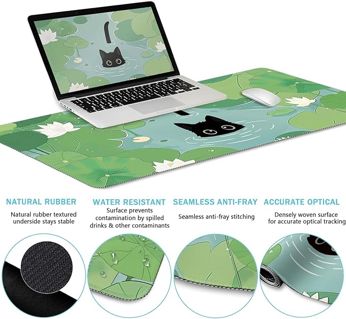 Blusabaca Mouse Pad Desk Pad Cat Lotus Leaf Desk Mat Large Gaming Mouse Pad with Wrist Rest Cute Keyboard Pad Wrist Rest Ergonomic Cup Coaster Work Home Accessories Office Supplies Decor