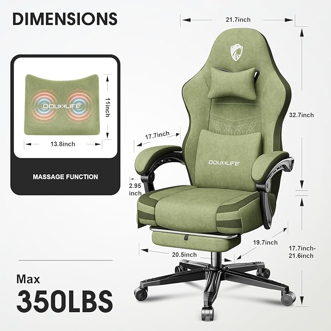 Gaming Chair Fabric Computer Office Chair with Massage Ergonomic Chair with Footrest Lumbar Support Pocket Spring Widened Cushion Metal Legs 350LBS Dark Green
