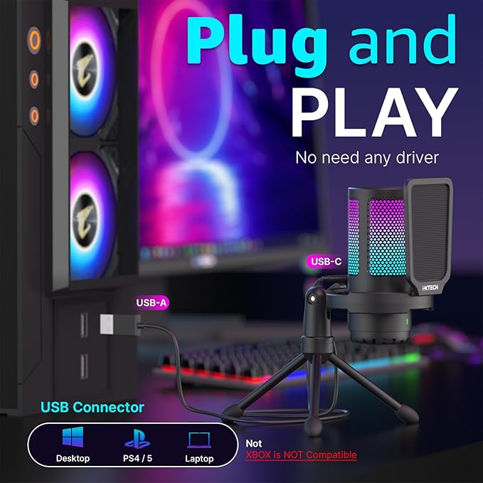 IXTECH USB Gaming Microphone for PC RGB Condenser Microphone with Tripod Stand Pop Filter Rotate Gain Button and Quick Mute Noise Cancellation Computer Mic for Streaming Gaming Podcasting