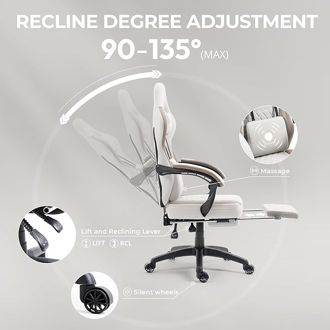 Dowinx Gaming Chair Breathable Fabric Computer Chair with Pocket Spring Cushion Comfortable Office Chair with Gel Pad and Storage BagMassage Game Chair with FootrestBeige