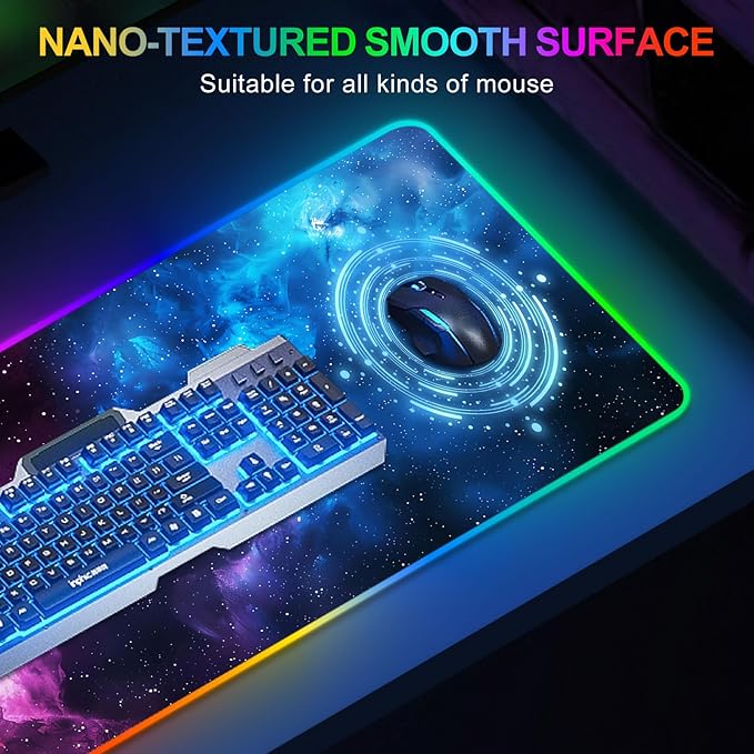 ARTSO RGB Mouse Pad LedXXL Large Mouse Pad Purple Blue Starry Nebula Big Mouse mat Computer Mousepad with 14 Light Modes 35.4 x15.7 Inch Keyboard Mat